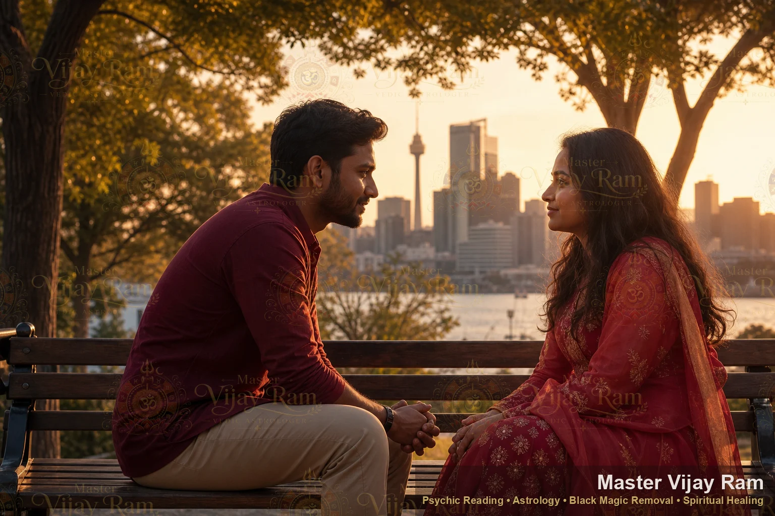 Couple reconciling outdoors in Australia with help from Master Vijay Ram get ex love back Vedic guidance