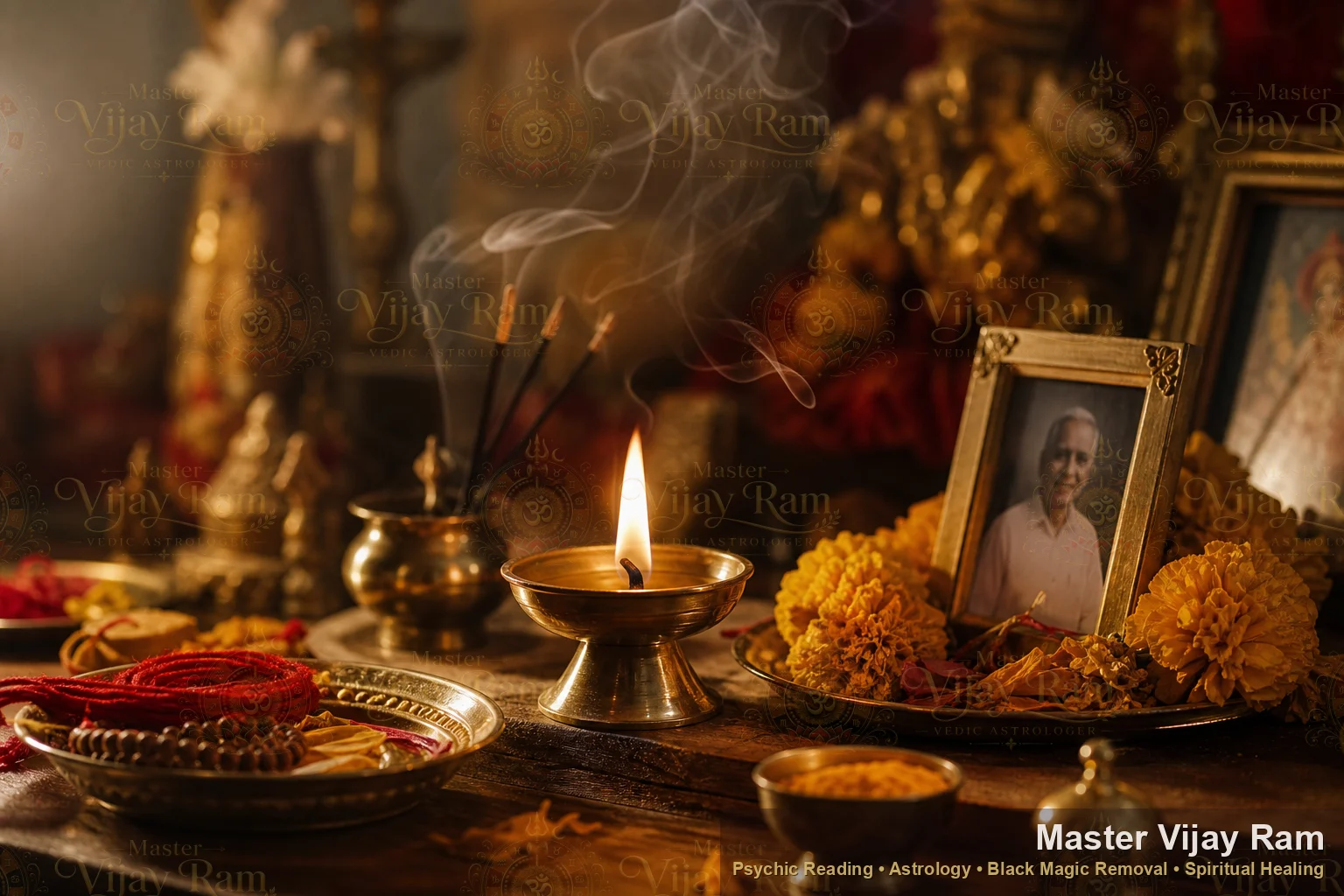 Vedic puja altar used in vashikaran for love rituals to reunite lost love, guided by Master Vijay Ram
