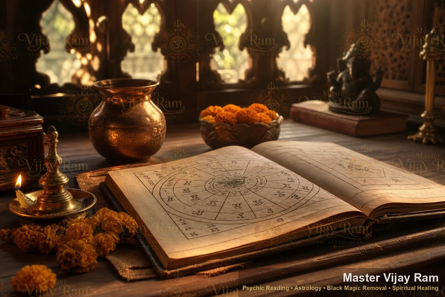 Detailed Vedic Kundli birth chart on a wooden desk with brass lamp and marigolds, representing a kundli reading by Master Vijay Ram