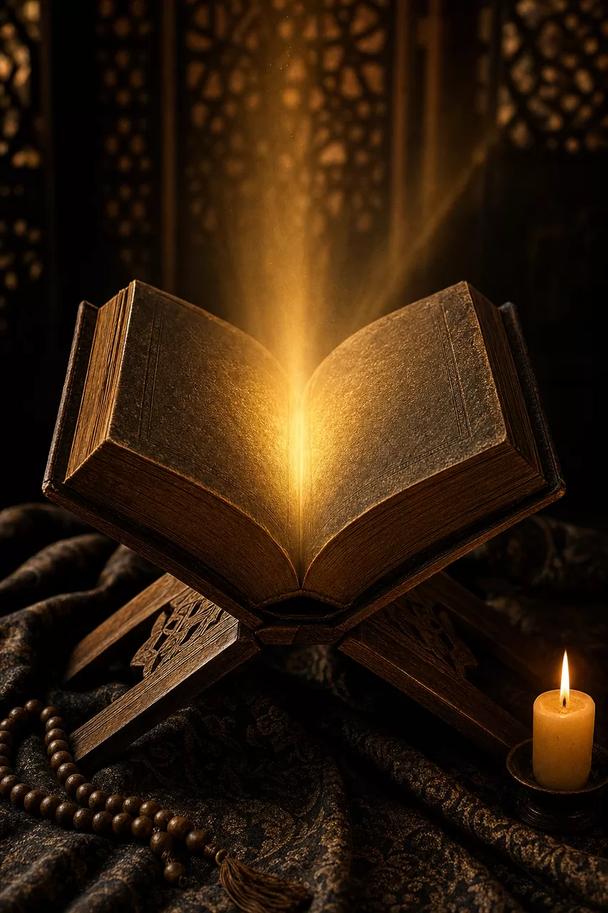 An open holy book radiating light for ruqyah