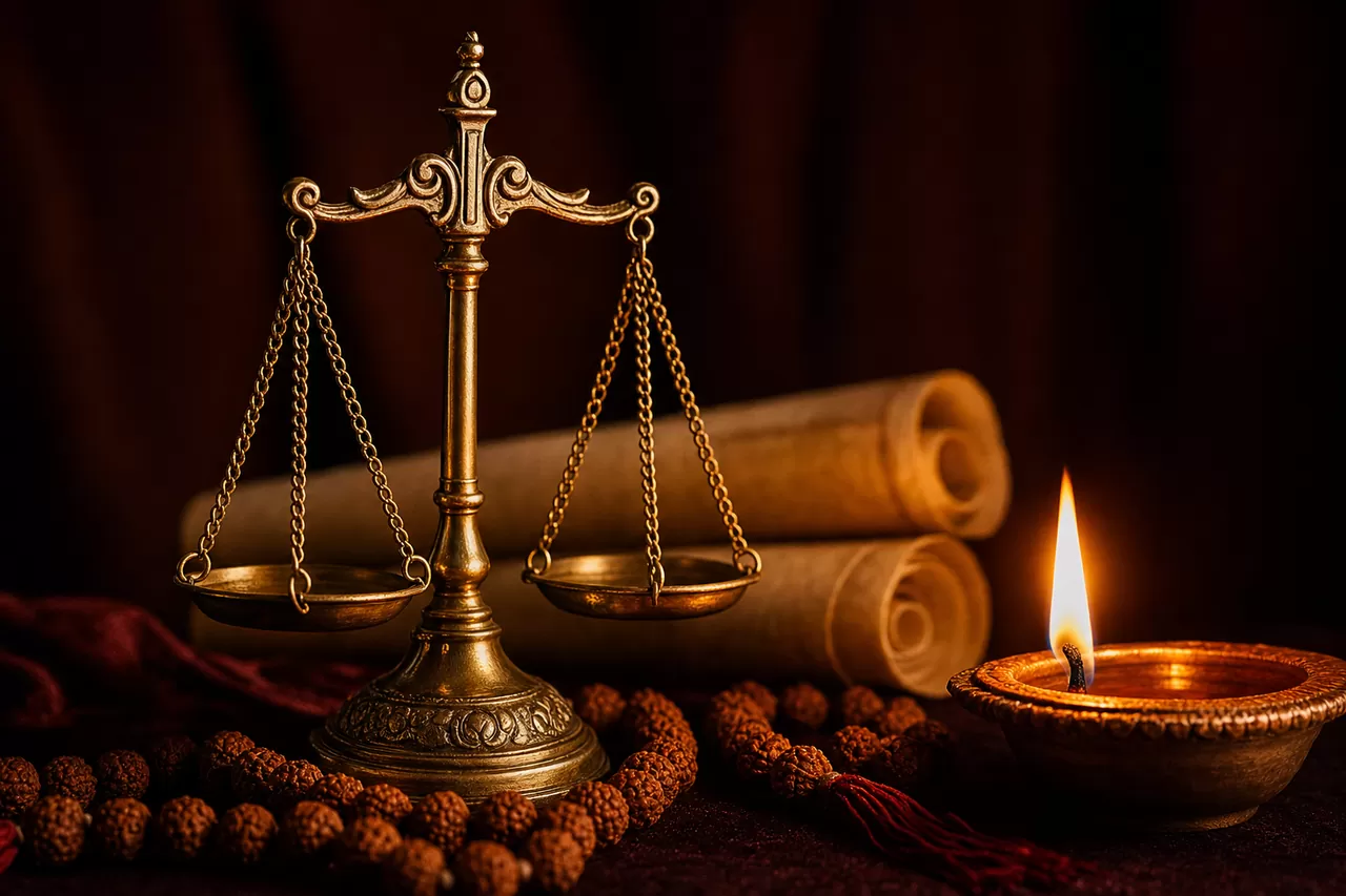 Scales of justice with a sacred lamp