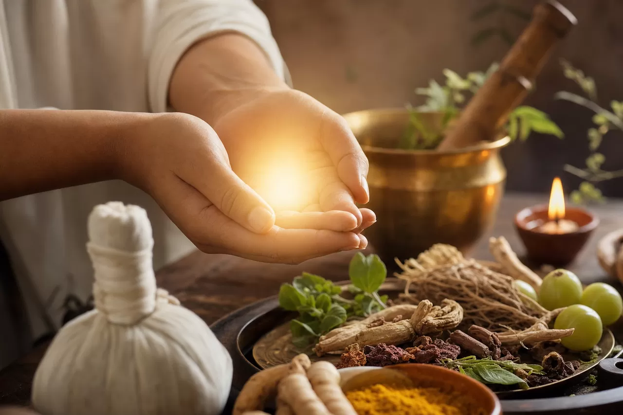 Healing hands around a warm glow